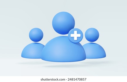 Account add user people 3D icon and plus, create friend group personal or public group, online new member profile name, human avatar social media, cartoon style, Eps 10 vector. illustration. elements