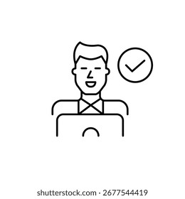 Cuenta aprobada, tarea completada. Hombre trabajando en la computadora portátil y marca de verificación. Icono de Vector de trazo perfecto y editable