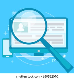 Account audit banner. A computer with a magnifying glass pointed at it. Vector flat illustration