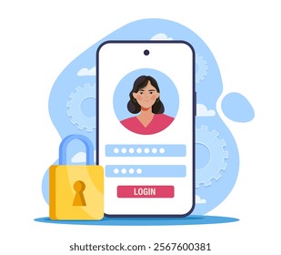 Account authentication on smartphone. Login and password at smartphone screen. Woman logs into social media profile. Girl enter username and password. Flat vector illustration