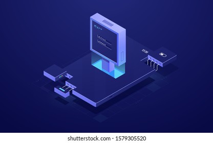 Account authorization and authentication, isometric icon of mobile application development concept, data security, database access, dark neon vector illustration
