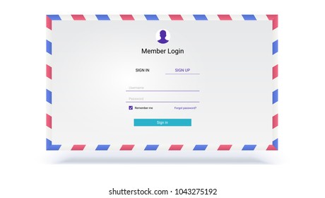Account authorization, interface for entrance via login, password. Security application UI design on background of envelope. UX Screen of members login page for mobile apps and web sites