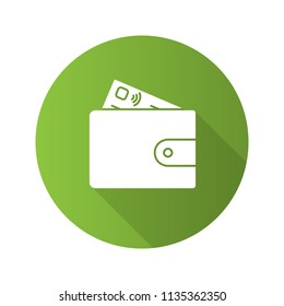 Account balance flat design long shadow glyph icon. Payment. Banking. Wallet with credit card. Vector silhouette illustration