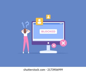 account is blocked or banned. account locked. illegal activity and access denied. a user is shocked and confused why his account can't be used. security system. illustration design concept