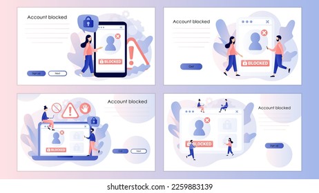 Account blocked. Hacker cyber attack, censorship or ransomware activity security. Data protection concept. Screen template for landing page, template, ui, web, mobile app, poster,banner, flyer. Vector