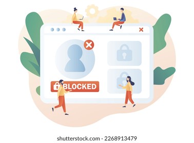Account blocked. Hacker cyber attack, censorship or ransomware activity security. Data protection concept. Cyber crime. Modern flat cartoon style. Vector illustration on white background
