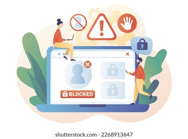 Account blocked. Hacker cyber attack, censorship or ransomware activity security. Data protection concept. Cyber crime. Modern flat cartoon style. Vector illustration on white background