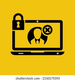 Account blocking. Loss of access. Black computer icon with a locked account. Personal data under the threat. Vector illustration flat design. Isolated on white background.