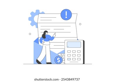 Conta e calculadora. Caráter tendo problemas financeiros, dívidas e empréstimos. Carta de recebimento com fatura vencida da agência de cobrança. Ilustração plana de vetor de desenhos animados, ícone. Elegante, minimalista 