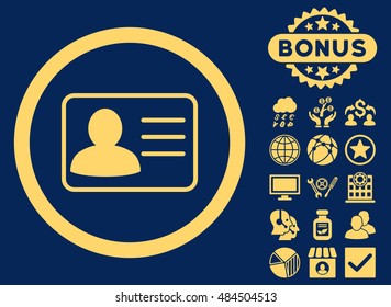 Account Card icon with bonus elements. Vector illustration style is flat iconic symbols, yellow color, blue background.