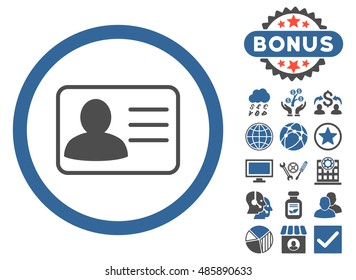 Account Card icon with bonus elements. Vector illustration style is flat iconic bicolor symbols, cobalt and gray colors, white background.