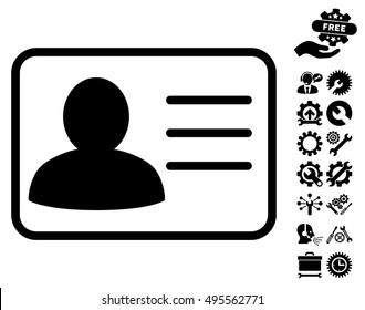 Account Card icon with bonus tools graphic icons. Vector illustration style is flat iconic symbols, black color, white background.