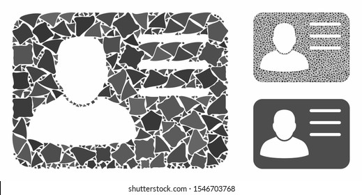 Account card mosaic of abrupt elements in variable sizes and color tinges, based on account card icon. Vector humpy elements are combined into mosaic. Account card icons collage with dotted pattern.