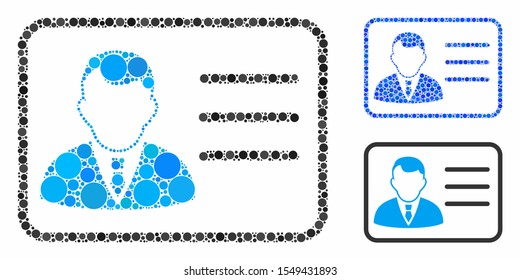 Account card mosaic of circle elements in different sizes and color tinges, based on account card icon. Vector circle elements are composed into blue mosaic.