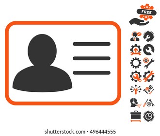 Account Card pictograph with bonus tools symbols. Vector illustration style is flat iconic bicolor symbols, orange and gray colors, white background.