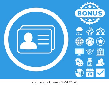 Account Cards icon with bonus elements. Vector illustration style is flat iconic symbols, white color, blue background.