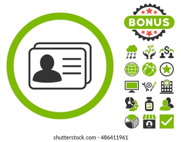 Account Cards icon with bonus elements. Vector illustration style is flat iconic bicolor symbols, eco green and gray colors, white background.