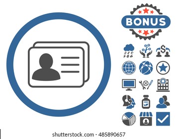 Account Cards icon with bonus pictures. Vector illustration style is flat iconic bicolor symbols, cobalt and gray colors, white background.