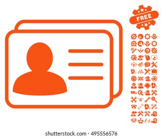 Account Cards icon with bonus tools pictograph collection. Vector illustration style is flat iconic symbols, orange color, white background.