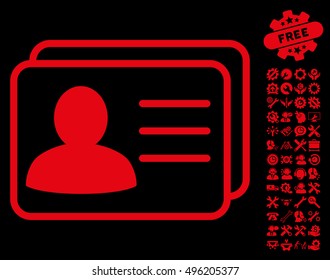 Account Cards icon with bonus tools graphic icons. Vector illustration style is flat iconic symbols, red color, black background.