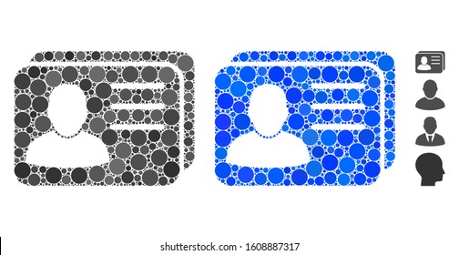Account cards mosaic of circle elements in different sizes and color tints, based on account cards icon. Vector circle elements are united into blue collage.