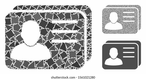 Account cards mosaic of ragged elements in variable sizes and shades, based on account cards icon. Vector joggly elements are composed into collage. Account cards icons collage with dotted pattern.