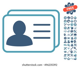 Account Cards pictograph with bonus tools icon set. Vector illustration style is flat iconic bicolor symbols, cyan and blue colors, white background.