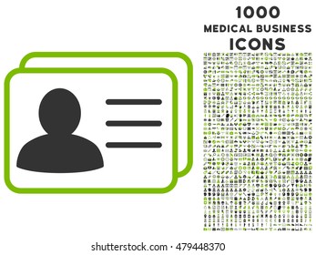 Account Cards vector bicolor icon with 1000 medical business icons. Set style is flat pictograms, eco green and gray colors, white background.