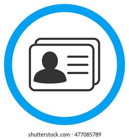 Account Cards vector bicolor rounded icon. Image style is a flat icon symbol inside a circle, blue and gray colors, white background.