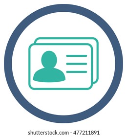 Account Cards vector bicolor rounded icon. Image style is a flat icon symbol inside a circle, cobalt and cyan colors, white background.