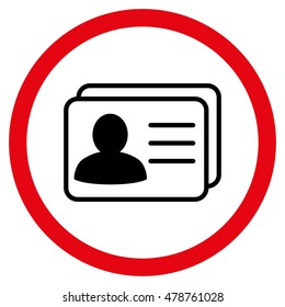 Account Cards vector bicolor rounded icon. Image style is a flat icon symbol inside a circle, intensive red and black colors, white background.