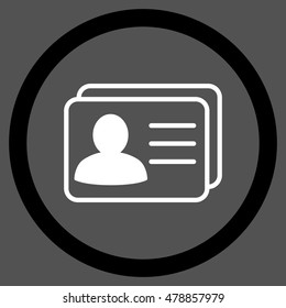 Account Cards vector bicolor rounded icon. Image style is a flat icon symbol inside a circle, black and white colors, gray background.