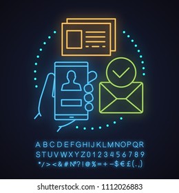 Account creating neon light concept icon. User registration idea. Authorization. Glowing sign with alphabet, numbers and symbols. Vector isolated illustration