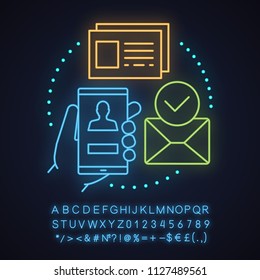 Account creating neon light concept icon. New user registration idea. Authorization. Homepage. Glowing sign with alphabet, numbers and symbols. Vector isolated illustration