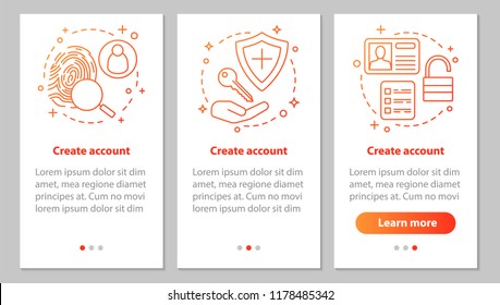 Account creation onboarding mobile app page screen with linear concepts. New user registration. Sign up. Authorization. Steps graphic instructions. UX, UI, GUI vector template with illustrations
