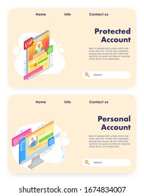 Account creation vector website template, landing page design for website and mobile site development. Protected personal account, new user profile registration concept web banners, flat illustration.