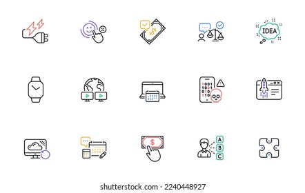 Cuenta, satisfacción del cliente e iconos de línea Smartwatch para sitio web, impresión. Colección de abogados, nube de recuperación, iconos de Idea. Pagos aceptados, elementos web de rompecabezas, Opinión. Vector