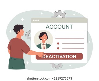 Account deactivation concept. Young guy deletes profile from website. Modern technologies and digital world. Protection of personal data and security on Internet. Cartoon flat vector illustration