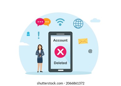 Concepto de vector de desactivación de cuenta. Empresaria usando una aplicación de celular mientras elimina su cuenta de medios sociales