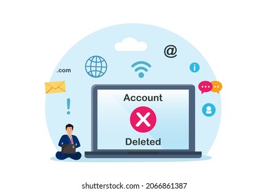 Account deactivation vector concept. Young man using a computer laptop while deleting his account of social media