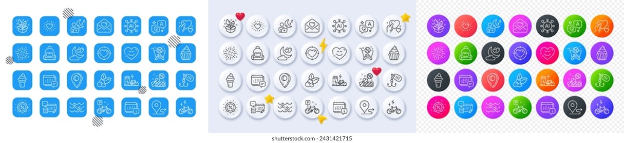 Account, Discount and Electric bike line icons. Square, Gradient, Pin 3d buttons. AI, QA and map pin icons. Pack of Calendar, Bike, Hold heart icon. Vector