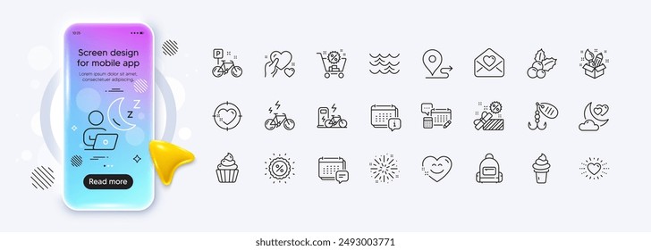 Account, Discount and Electric bike line icons for web app. Phone mockup gradient screen. Pack of Calendar, Bike, Hold heart pictogram icons. Heart, Fireworks explosion, Cupcake signs. Vector