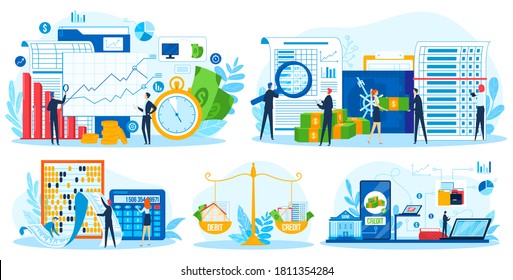 Account financial consultation vector illustration set. Cartoon flat tiny business people team consulting on audit, accounting budget report, finance data analysis, auditing tax isolated on white