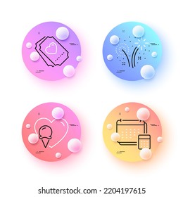 Account, Fireworks and Ice cream minimal line icons. 3d spheres or balls buttons. Love ticket icons. For web, application, printing. Calculate budget, Pyrotechnic salute, Sundae cone. Heart. Vector