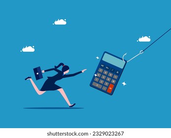 Account fraud. Businesswoman chasing a calculator on a hook