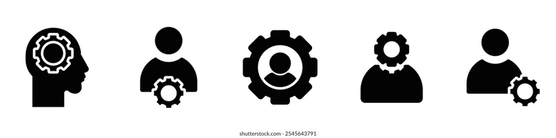 Account gear icon. Profile setting vector symbol. Simple User setup outline icons. Personalization icons set. Customer options web icon. vector stock