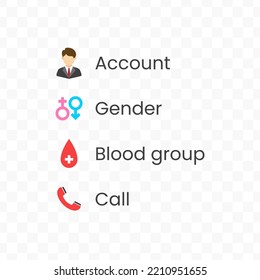 Account, Gender, Blood Group, Call Vector Illustration Of Colored Icons On Transparent Background(png).