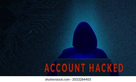 Account hacked concept with silhouette of hacker and computer on dark digital matrix background. Horizontal vector illustration.