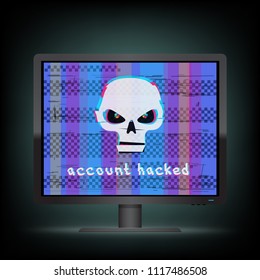 Account hacked message on black monitor with blue glitch screen background. Angry white hacker skull with hack text on device. Computer crime attack illustration