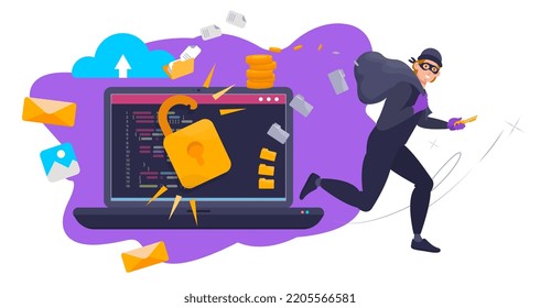 Account hacking concept. Online attack of the computer system. Cybercrime. Stealing of money and data. Thief, hacker running after stealing the password, login, access to the data. Flat illustration.